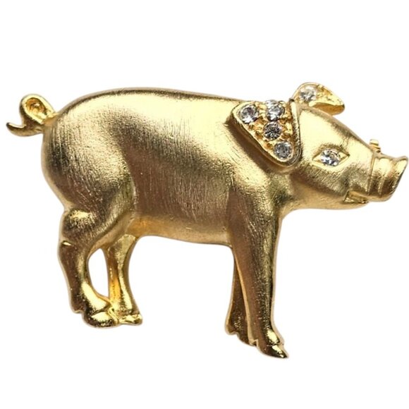 LIA Gold Tone Pig Brooch Clear Rhinestone Pin, Signed - Picture 1 of 8